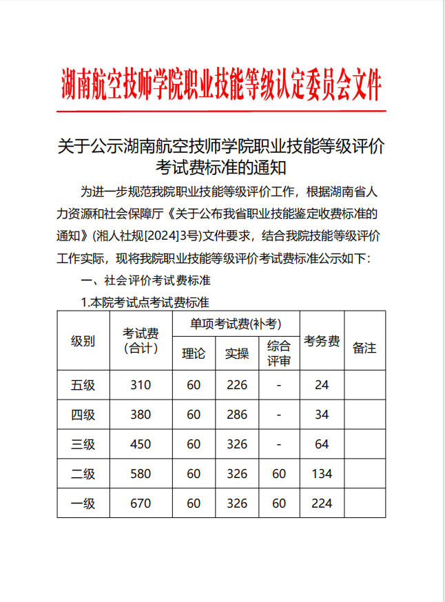 关于公示湖南航空技师华亿网_华亿(中国)职业技能等级评价考试费标准的通知
